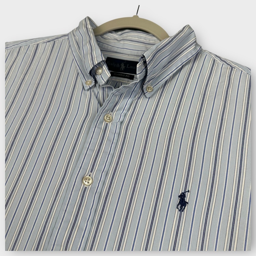 Ralph Lauren Shirt Mens XL Blue White Striped Short Sleeve Classic Fit Cotton